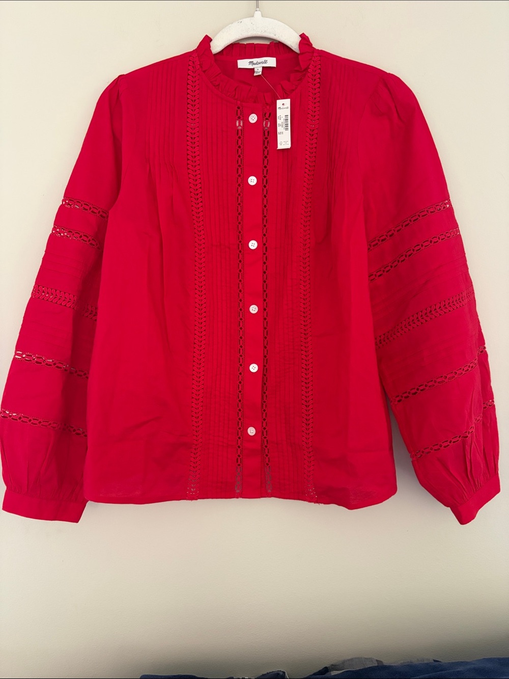 NWT Madewell Bright Red Lace-Inset Button Front Blouse Small